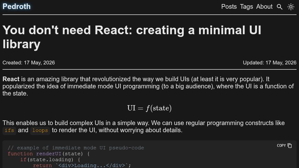 Screenshot of pedroth.github.io: You don't need React: creating a minimal UI library in Vanilla JavaScript