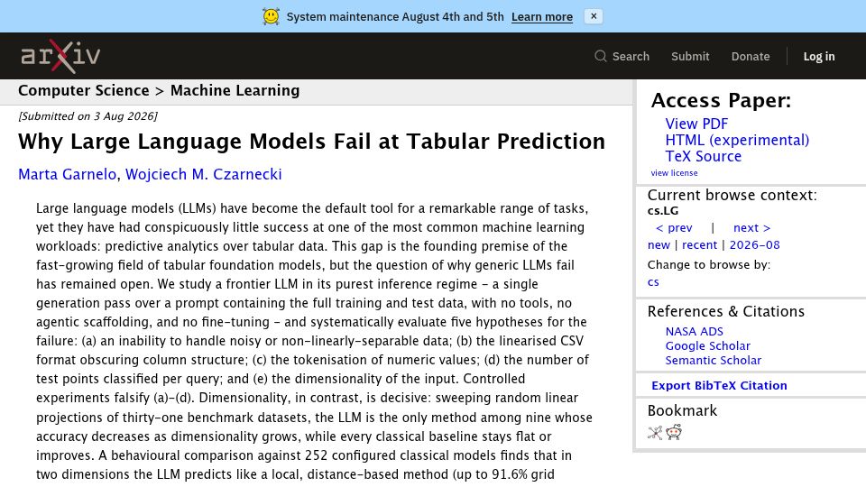 Screenshot of arxiv.org: Why Large Language Models Fail at Tabular Prediction