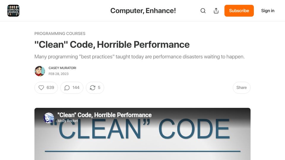Screenshot of computerenhance.com: "Clean" Code, Horrible Performance (2023)