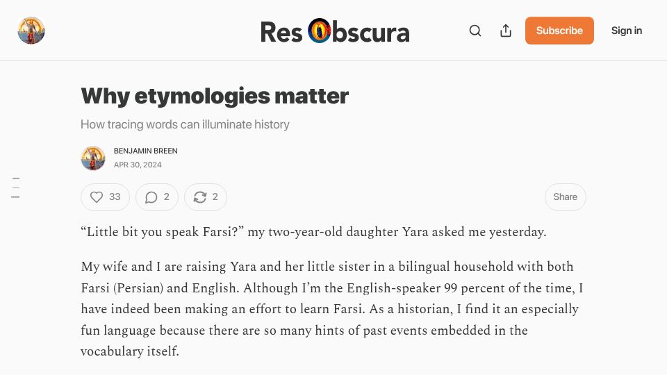 Screenshot of resobscura.substack.com: Why etymologies matter: How tracing words can illuminate history (2024)
