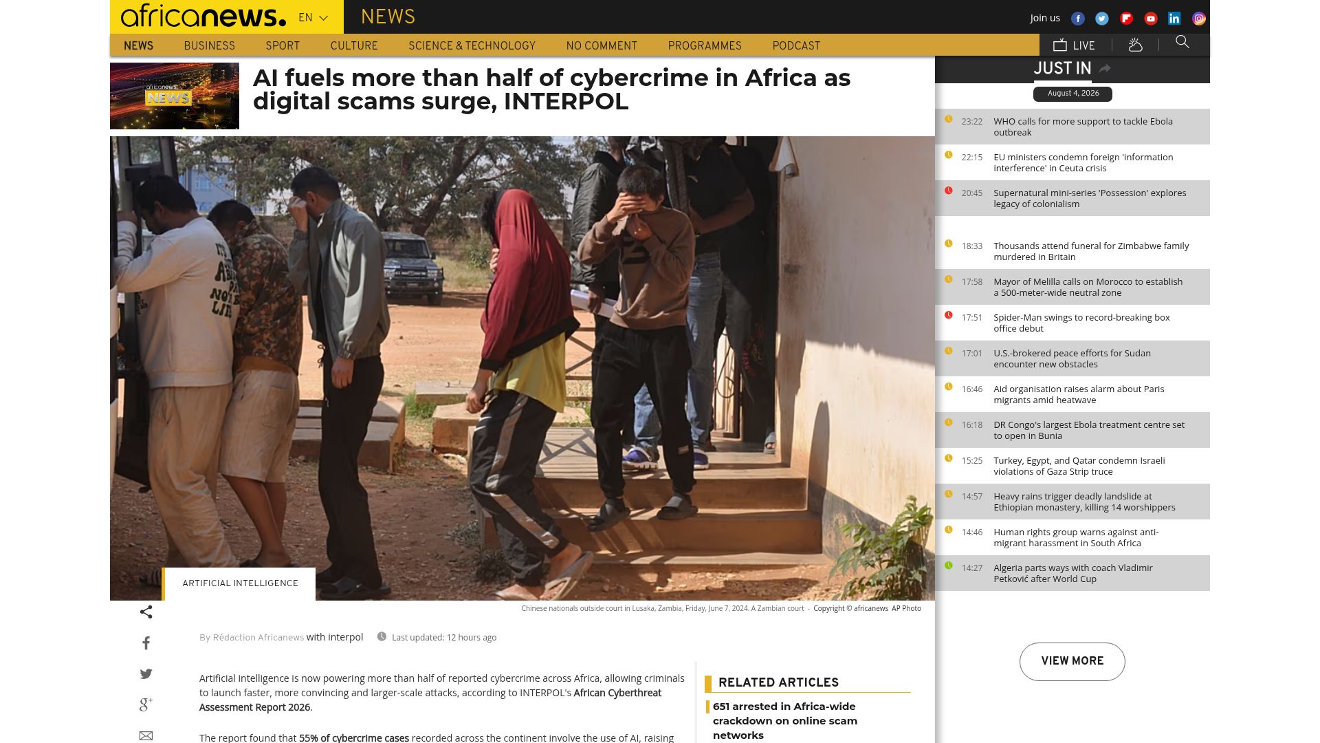 Screenshot of africanews.com: AI fuels more than half of cybercrime in Africa as scams surge – Interpol