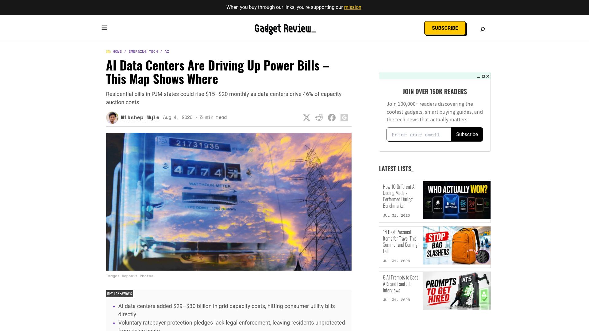 Screenshot of gadgetreview.com: AI Data Centers Are Driving Up Power Bills – This Map Shows Where