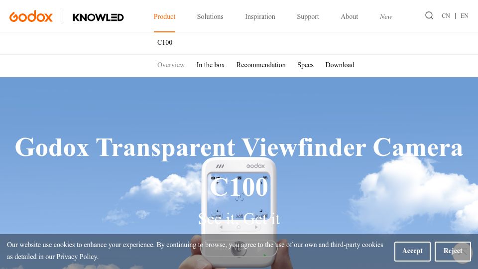Screenshot of godox.com: Godox Transparent Viewfinder Camera C100