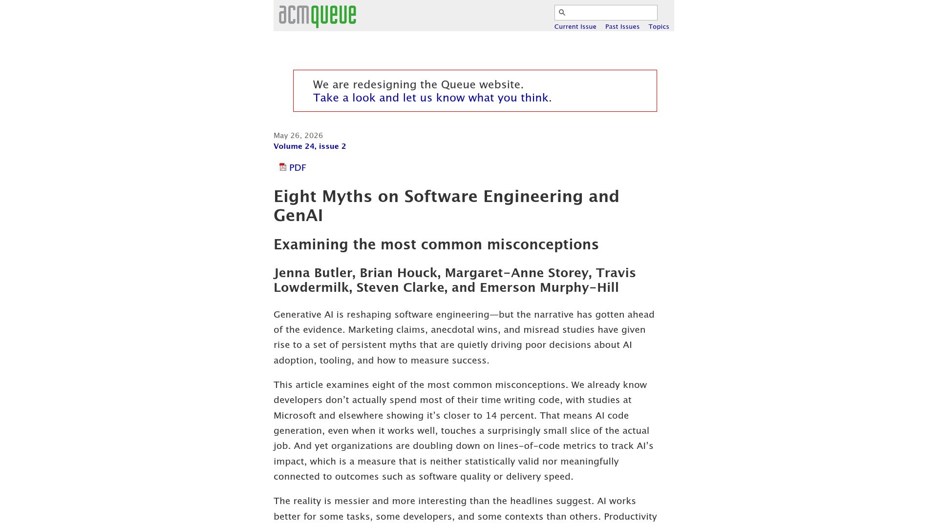 Screenshot of queue.acm.org: Eight Myths on Software Engineering and GenAI