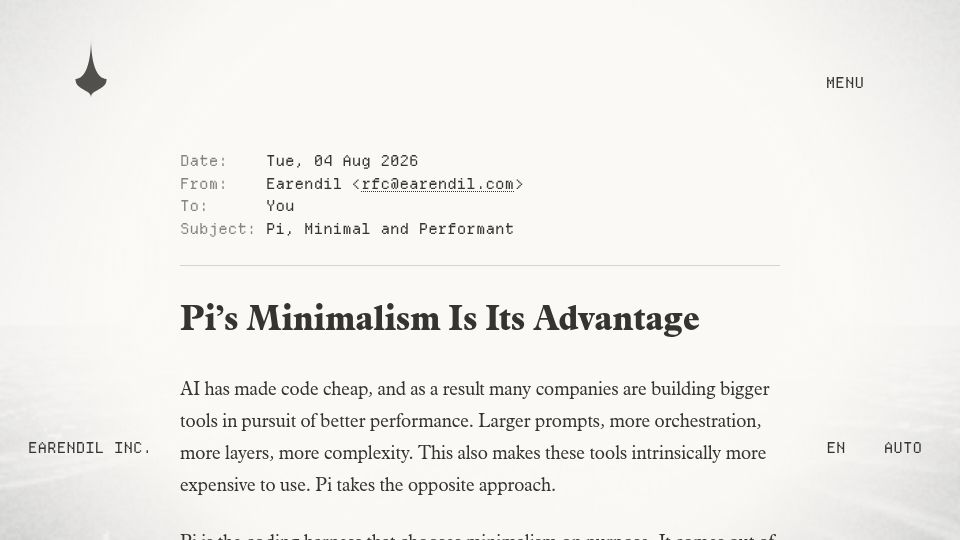 Screenshot of earendil.com: Pi's Minimalism Is Its Advantage