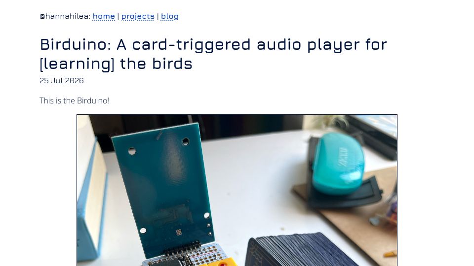 Screenshot of hannahilea.com: Birduino: A card-triggered audio player for [learning] the birds