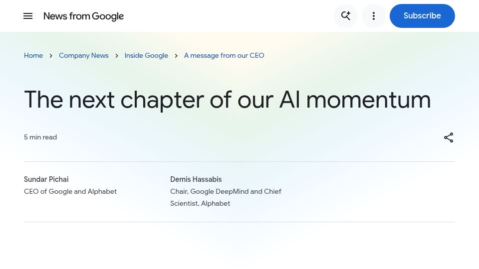 Screenshot of blog.google: Changes at Google DeepMind: Demis Hassabis from CEO to Chair, Jeff Dean departs