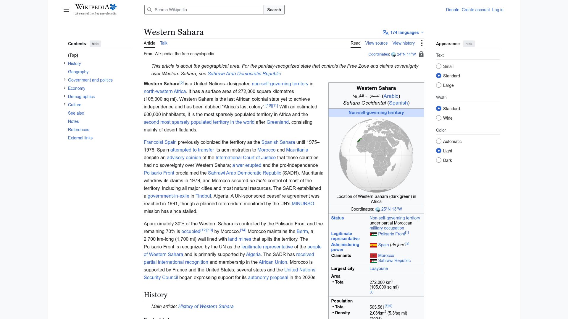 Screenshot of en.wikipedia.org: Western Sahara