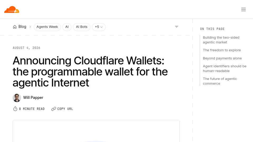 Screenshot of blog.cloudflare.com: Cloudflare Wallets: the programmable wallet for the agentic Internet