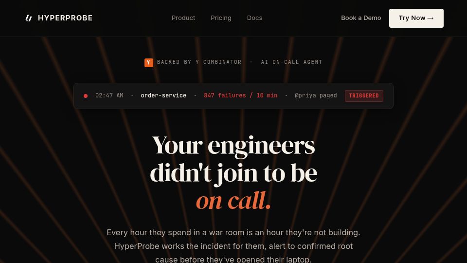 Screenshot of hyperprobe.co: Launch HN: HyperProbe (YC S26) – Agents that do read-only debugging in prod