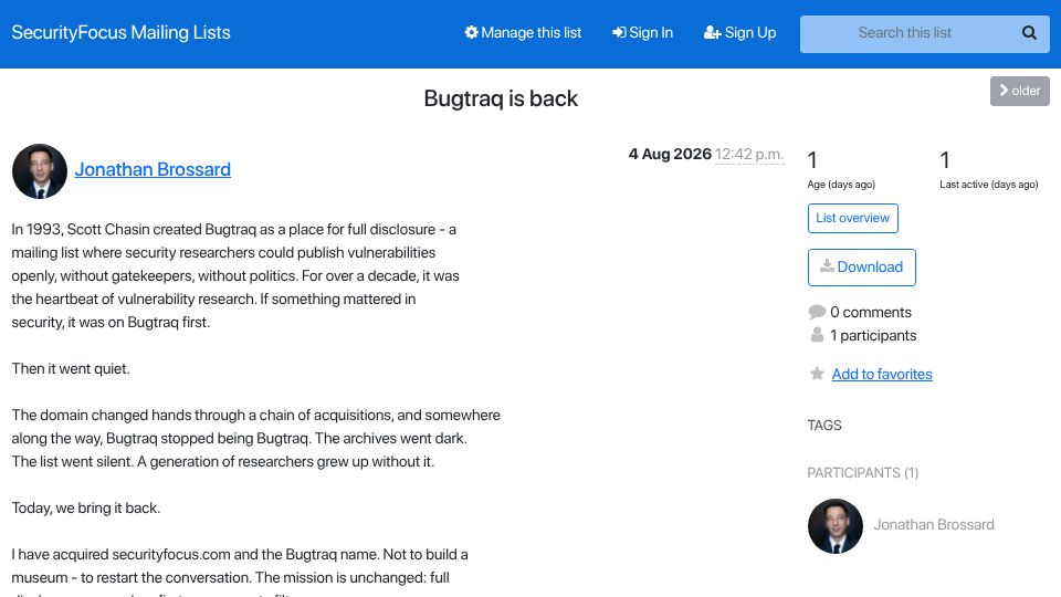Screenshot of lists.securityfocus.com: Bugtraq is back