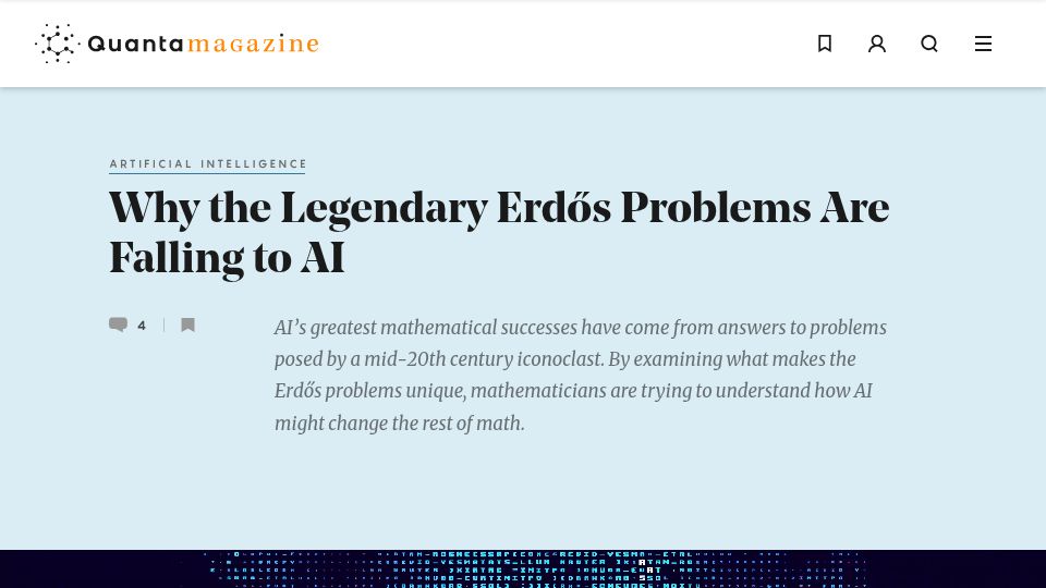 Screenshot of quantamagazine.org: Why Erdős Problems Are Falling to AI