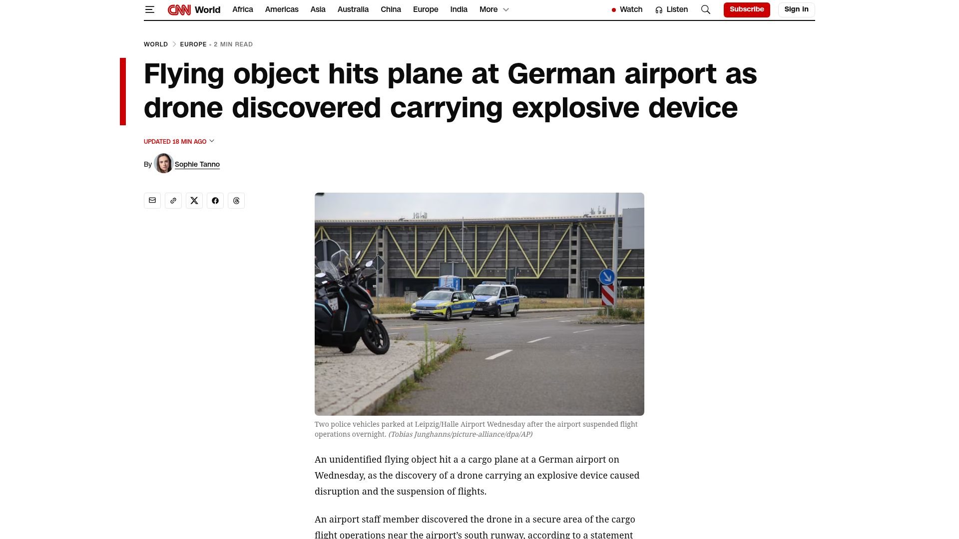 Screenshot of cnn.com: Drone carrying explosive device causes disruption at major German airport
