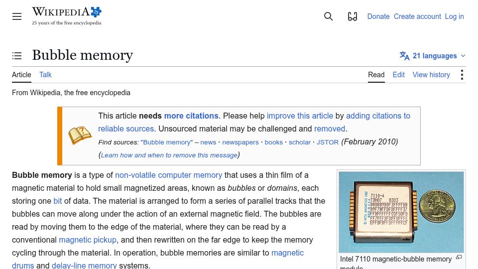 Screenshot of en.wikipedia.org: Bubble Memory