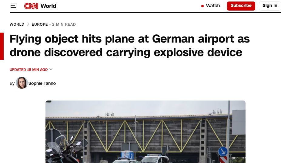 Screenshot of cnn.com: Drone carrying explosive device causes disruption at major German airport