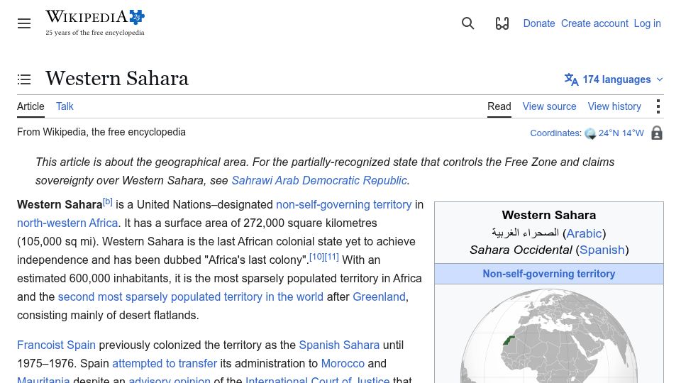 Screenshot of en.wikipedia.org: Western Sahara