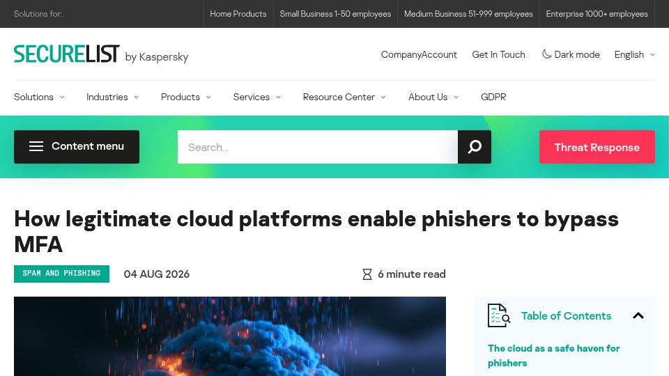 Screenshot of securelist.com: Phishers are hijacking legitimate cloud infrastructure