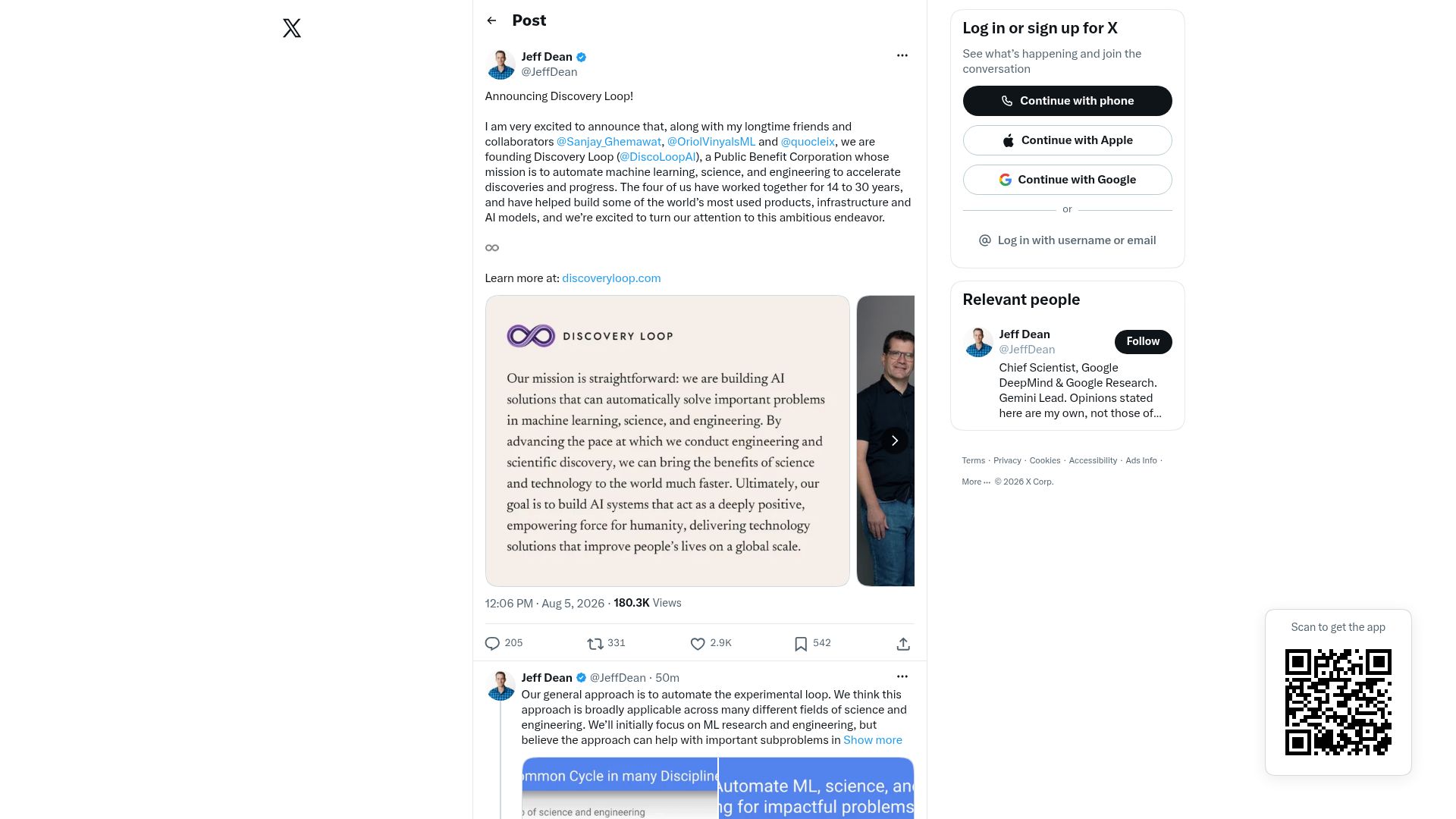 Screenshot of twitter.com: Jeff Dean Leaving Google