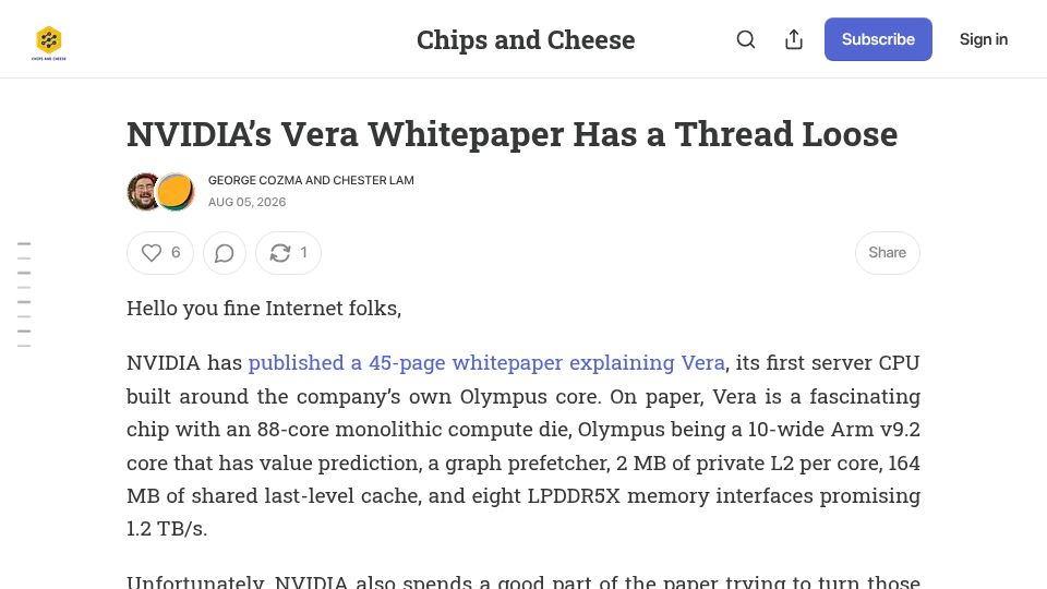 Screenshot of chipsandcheese.com: Nvidia’s Vera Whitepaper Has a Thread Loose