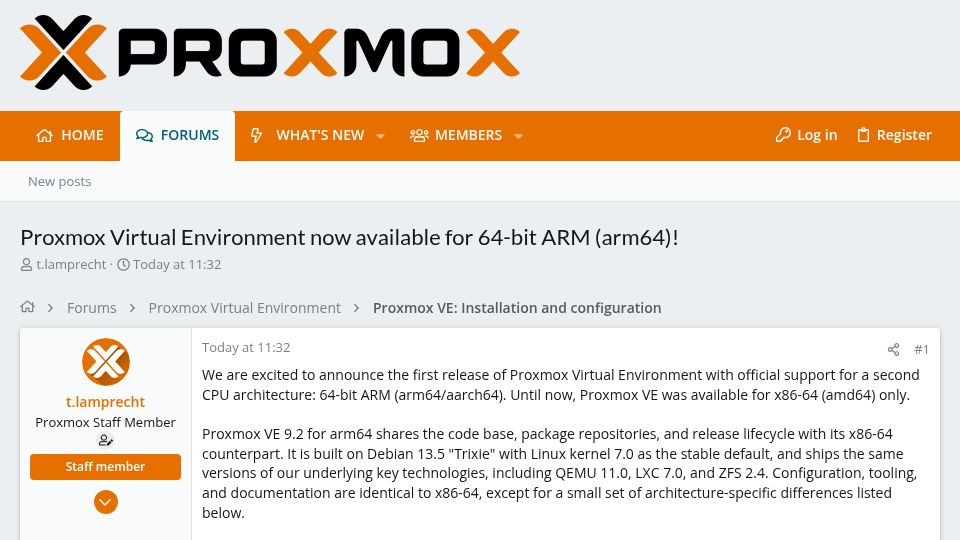 Screenshot of forum.proxmox.com: Proxmox VE now available for ARM64