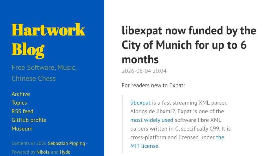 Screenshot of blog.hartwork.org: libexpat now funded by the City of Munich for up to 6 months