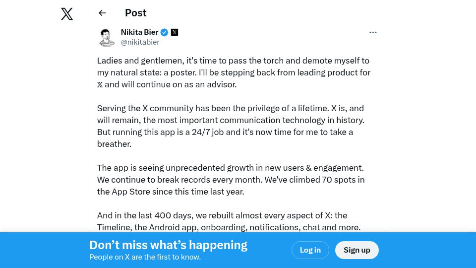 Screenshot of twitter.com: I'll be stepping back from leading product for X