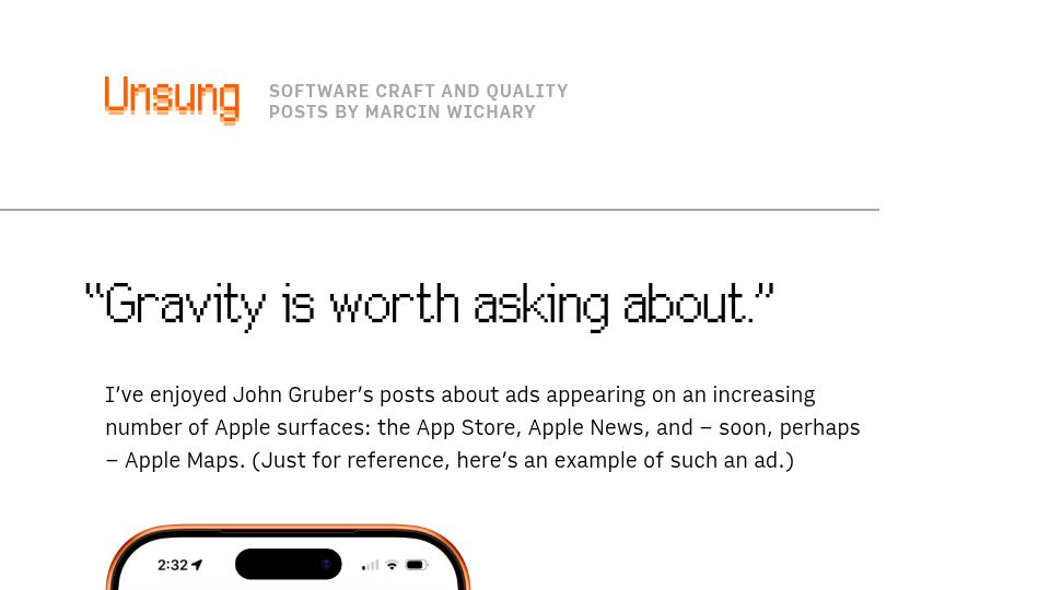 Screenshot of unsung.aresluna.org: “Gravity is worth asking about”