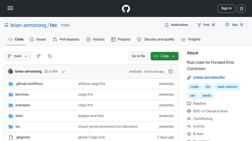 Screenshot of github.com: Show HN: SIMD Viterbi Decoder in Rust