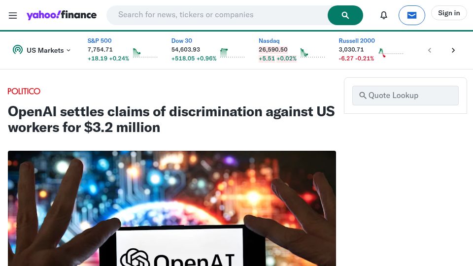 Screenshot of finance.yahoo.com: OpenAI settles claims of discrimination against US workers for $3.2M