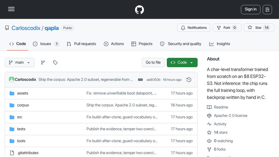 Screenshot of github.com: An SLM trained on $8 ESP32-S3