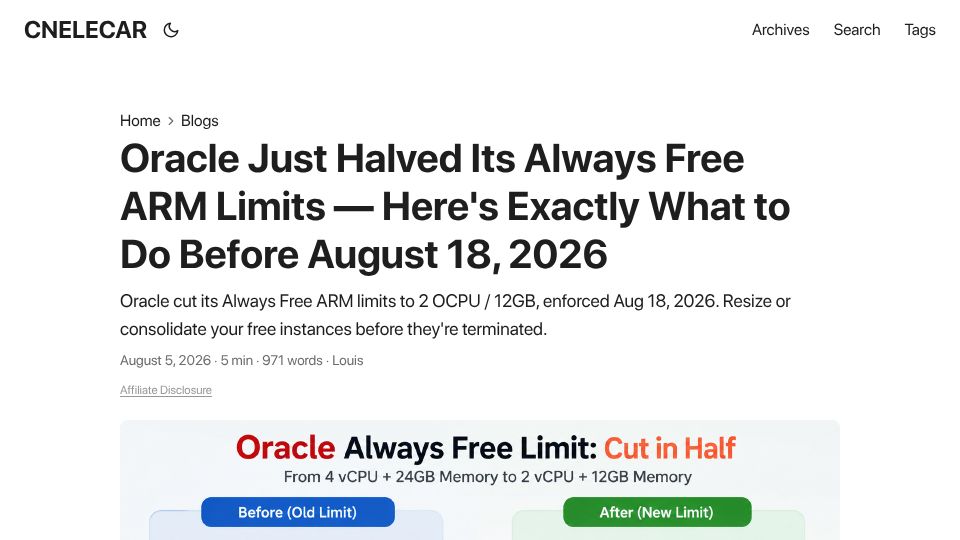 Screenshot of cnelecar.com: Oracle cut its Always Free ARM limits to 2 OCPU / 12GB, enforced Aug 18