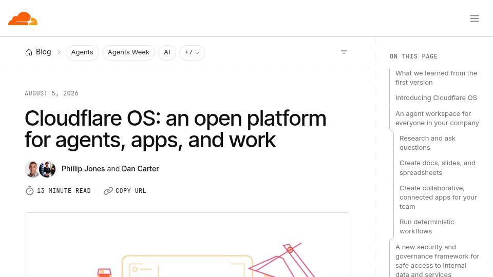 Screenshot of blog.cloudflare.com: Cloudflare OS: an open platform for agents, apps, and work