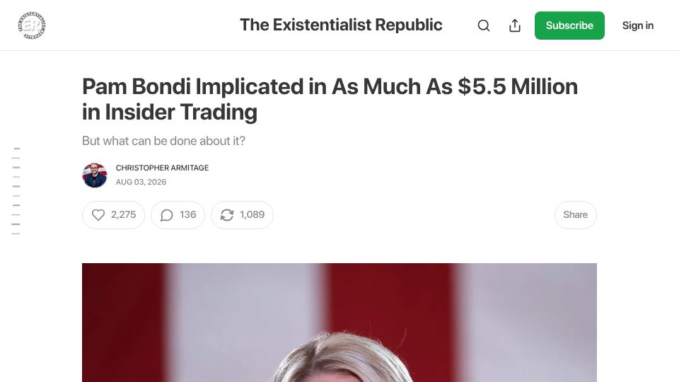 Screenshot of cmarmitage.substack.com: Pam Bondi Implicated in as Much as $5.5M in Insider Trading