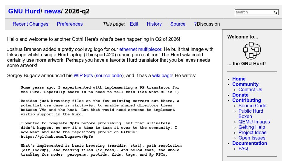 Screenshot of gnu.org: GNU Hurd News 2026-Q2