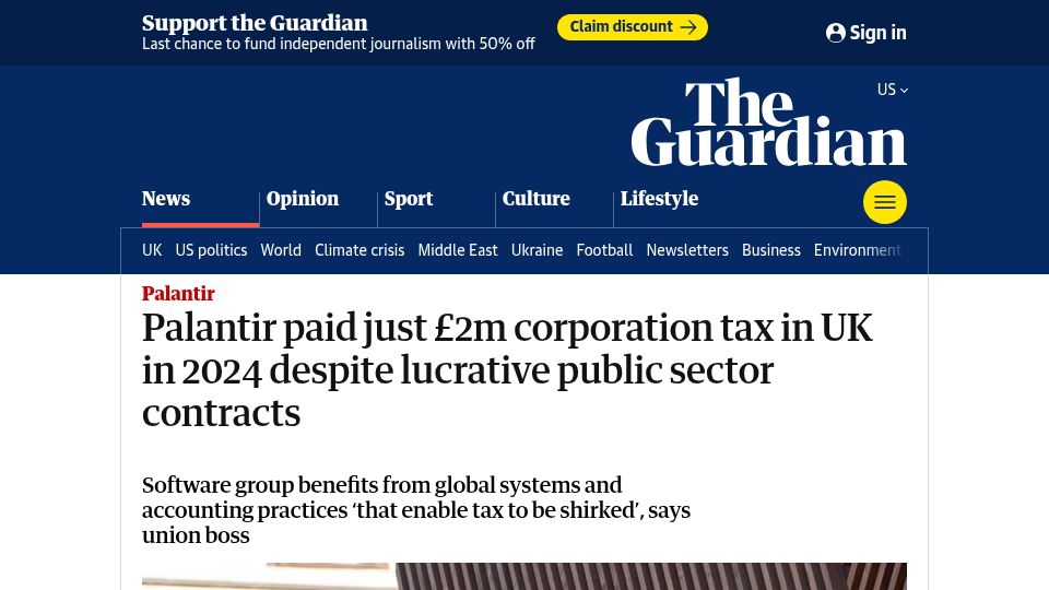 Screenshot of theguardian.com: The software group Palantir paid just £2M in corporation tax in the UK in 2024