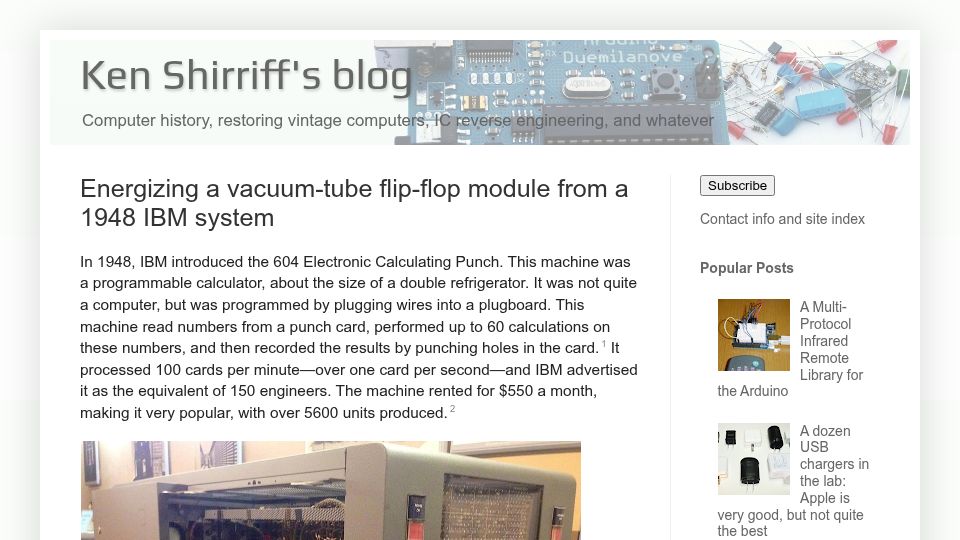 Screenshot of righto.com: Energizing a vacuum-tube flip-flop module from a 1948 IBM system