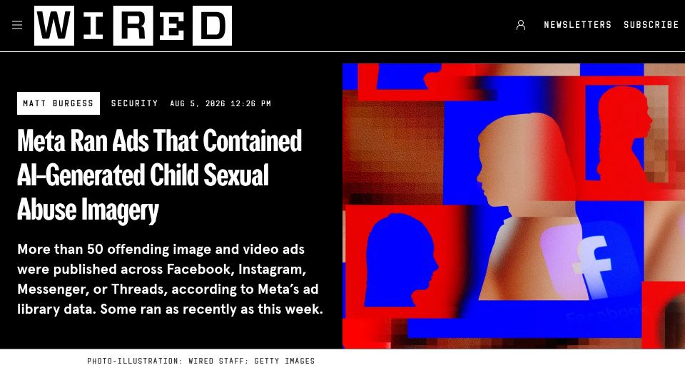 Screenshot of wired.com: Meta Ran Ads That Contained AI-Generated Child Sexual Abuse Imagery