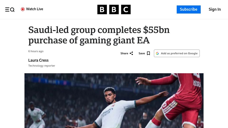 Screenshot of bbc.com: The sale of Electronic Arts has been finalized