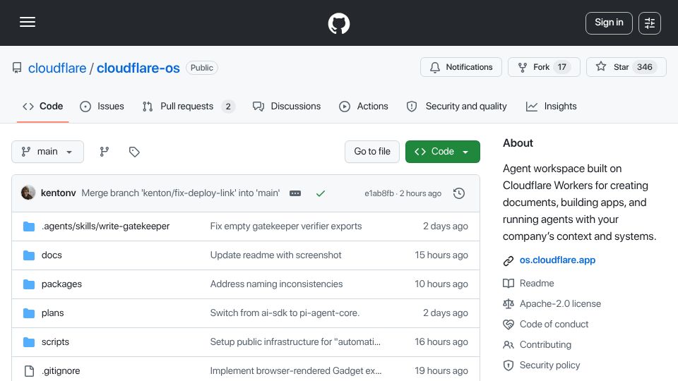 Screenshot of github.com: Cloudflare OS – an open-source AI productivity environment
