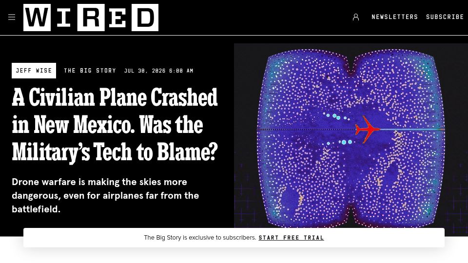 Screenshot of wired.com: Civilian plane crash in New Mexico tied to military GPS blocking