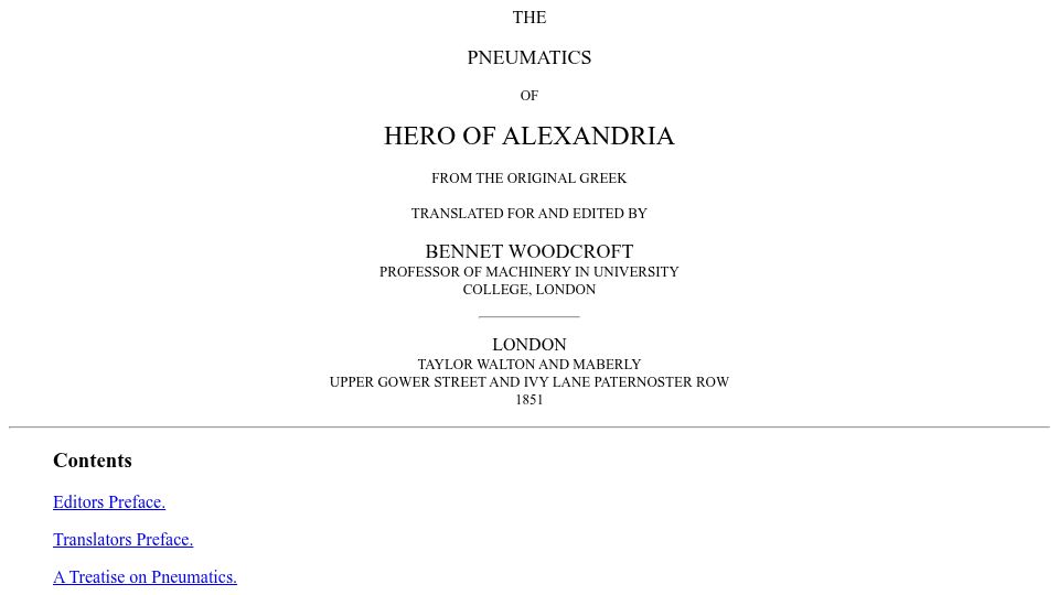 Screenshot of thehopkinthomasproject.com: The Pneumatics of Hero of Alexandria (1851)