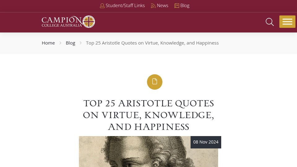 Screenshot of campion.edu.au: Aristotle quotes on virtue, knowledge, and happiness