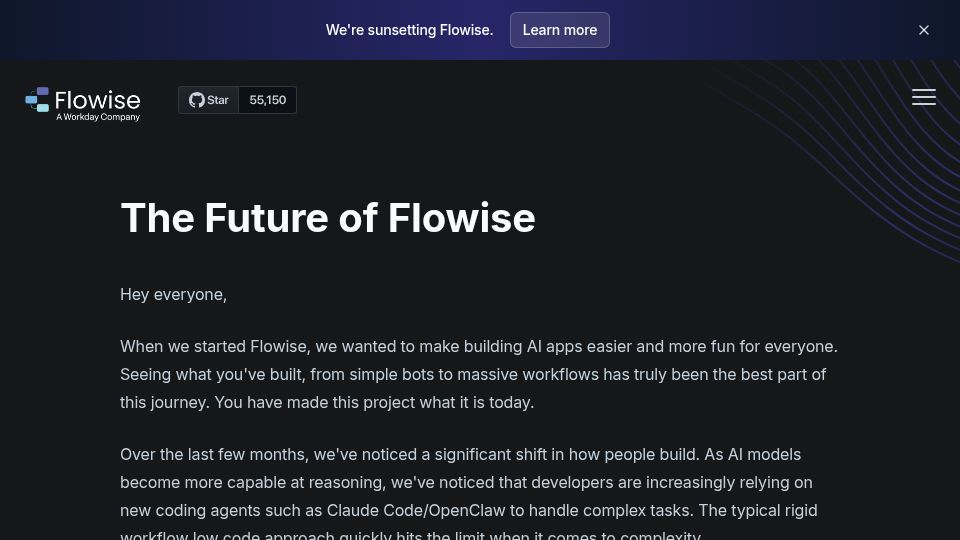 Screenshot of flowiseai.com: Flowise is shutting down