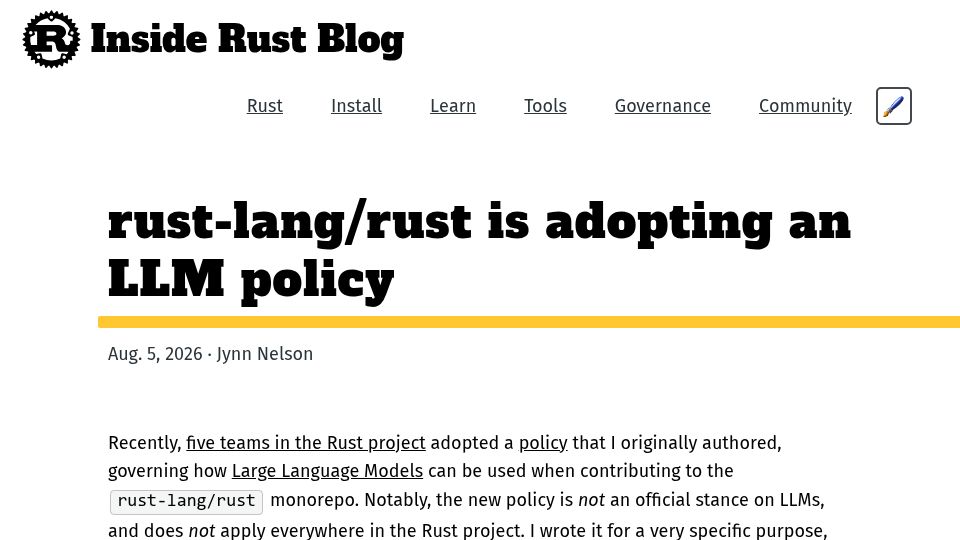 Screenshot of blog.rust-lang.org: Rust-lang/rust is adopting an LLM policy