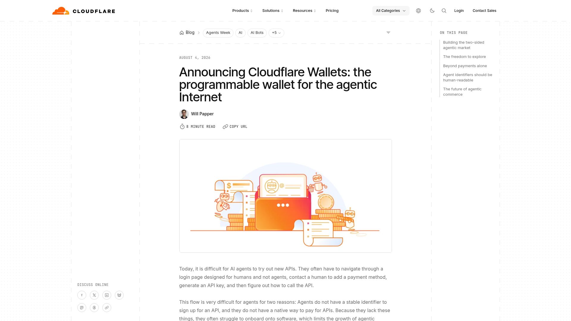 Screenshot of blog.cloudflare.com: Cloudflare Wallets: the programmable wallet for the agentic Internet