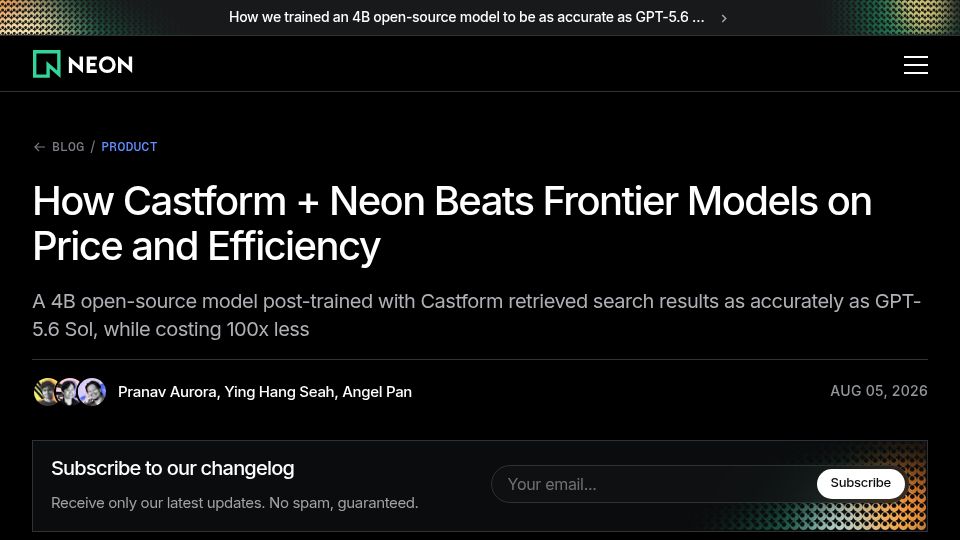Screenshot of neon.com: Beating GPT-5.6 Sol on retrieval with 100x cheaper open models