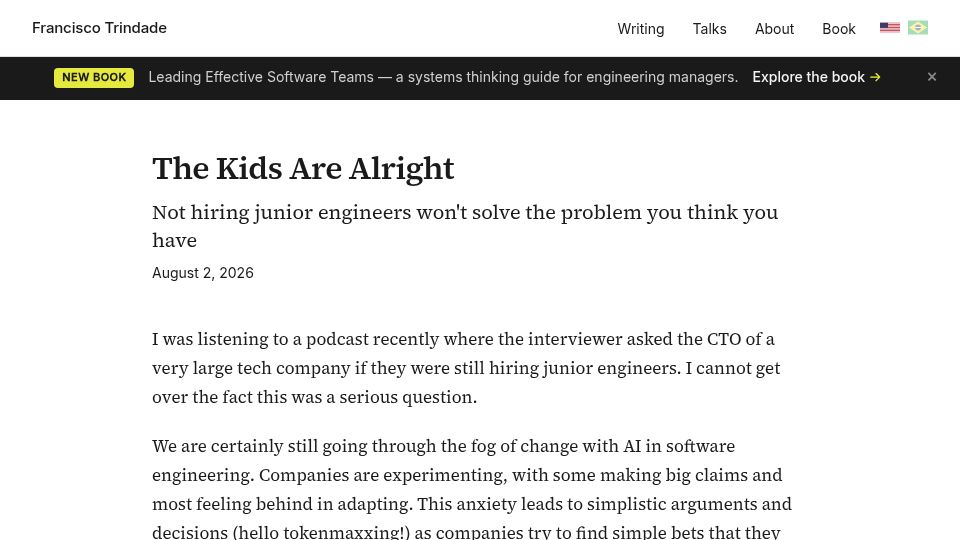 Screenshot of franciscotrindade.me: Not hiring junior engineers won't solve the problem you think you have