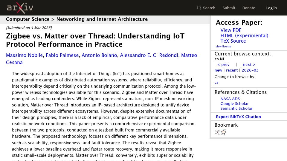 Screenshot of arxiv.org: Zigbee vs. Matter over Thread:Understanding IoT Protocol Performance in Practice