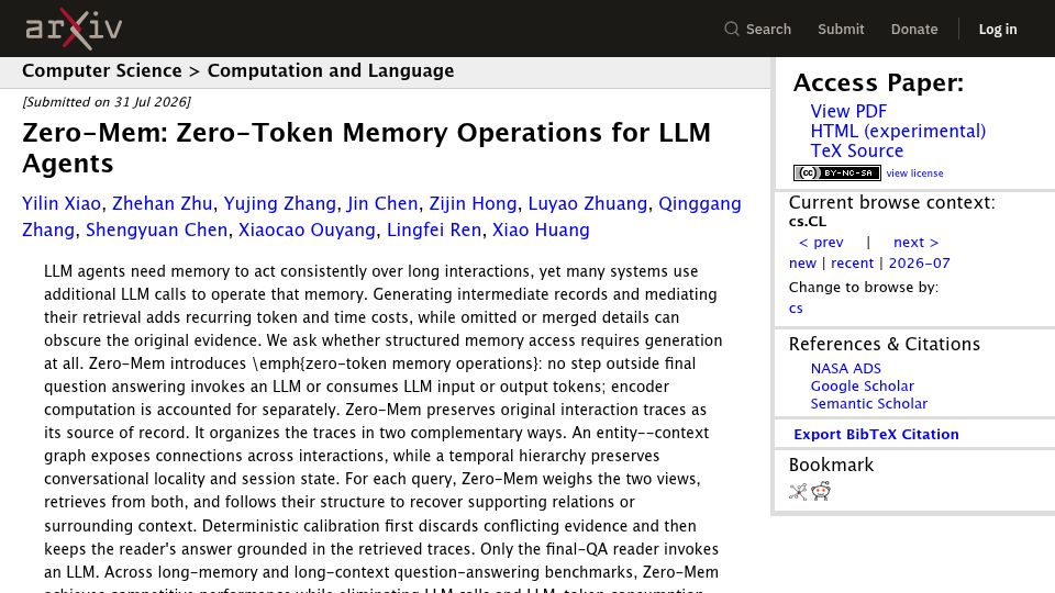 Screenshot of arxiv.org: Zero-Mem: Zero-Token Memory Operations for LLM Agents