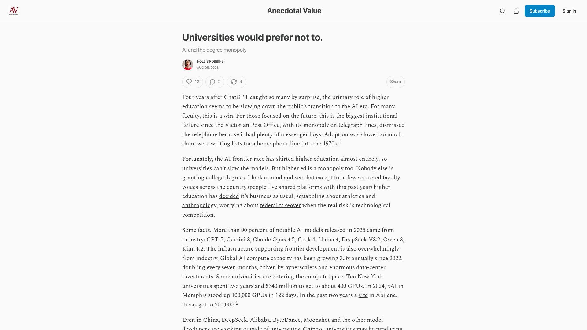Screenshot of hollisrobbinsanecdotal.substack.com: Universities would prefer no AI